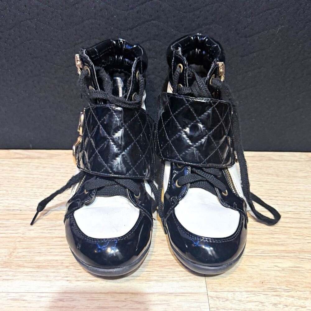 Women’s Black White Quilted Leather Lace Up Wedge Ankle Boots Buckle 7.5